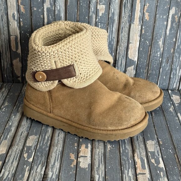 UGG Women's 7 Shaina Boots Chestnut Brown Suede Knit Sock Slippers 1012534 - Picture 1 of 11